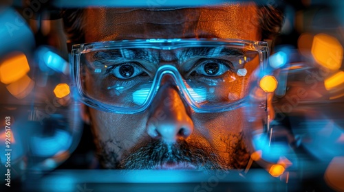 Wallpaper Mural Scientist working in a lab with safety goggles, focusing on research with colorful lighting effects in a high-tech environment at night Torontodigital.ca