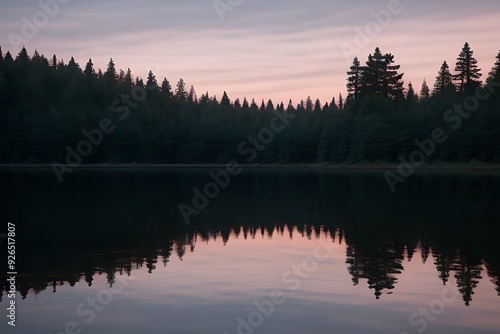 A serene lake bordered by lush trees, illuminated by the warm hues of a sunset sky