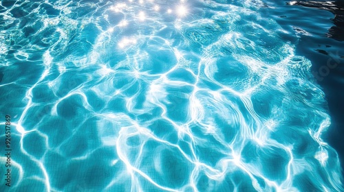 A clear blue swimming pool with gentle waves and sunlight casting intricate shadow patterns on the water, creating a refreshing and inviting scene.