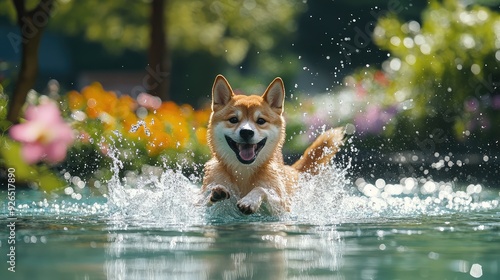 Joyful Shiba Inu splashes in a crystal-clear pond, under the shade of trees, with colorful flowers adding charm to the summer scene.