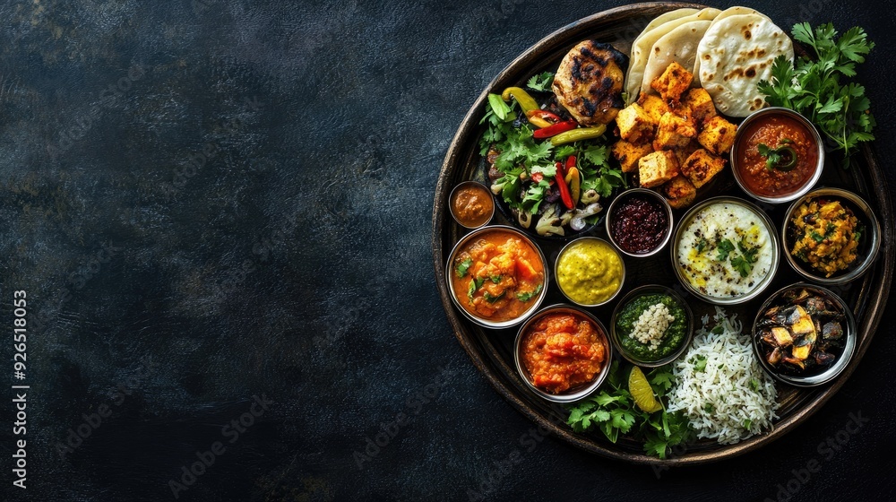 Top view of an Indian thali with a variety of traditional dishes, arranged neatly with space for culinary-themed messages Top view of an Indian thali with a variety of traditional dishes, arranged neatly with space for culinary-themed messages