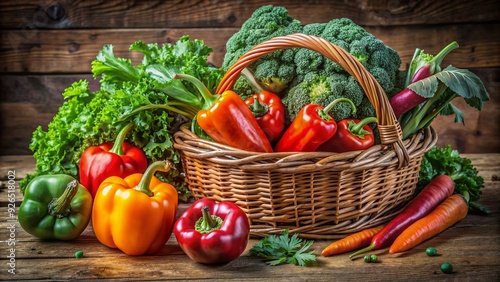 Freshly harvested colorful vegetables, including vibrant red bell peppers, crunchy carrots, and leafy green kale, artfully arranged in a rustic wicker basket on a wooden table.