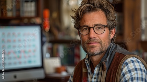 A man with glasses sits in a cozy office surrounded by books and a computer screen displaying colorful icons