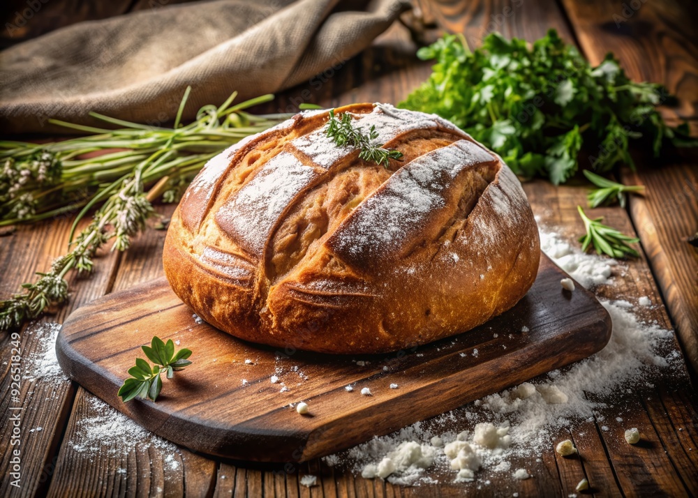 Warmly lit, crusty loaf of freshly baked artisan bread sits on a rustic wooden table, surrounded by scattered flour and few fresh herbs. Warmly lit, crusty loaf of freshly baked artisan bread sits on a rustic wooden table, surrounded by scattered flour and few fresh herbs.