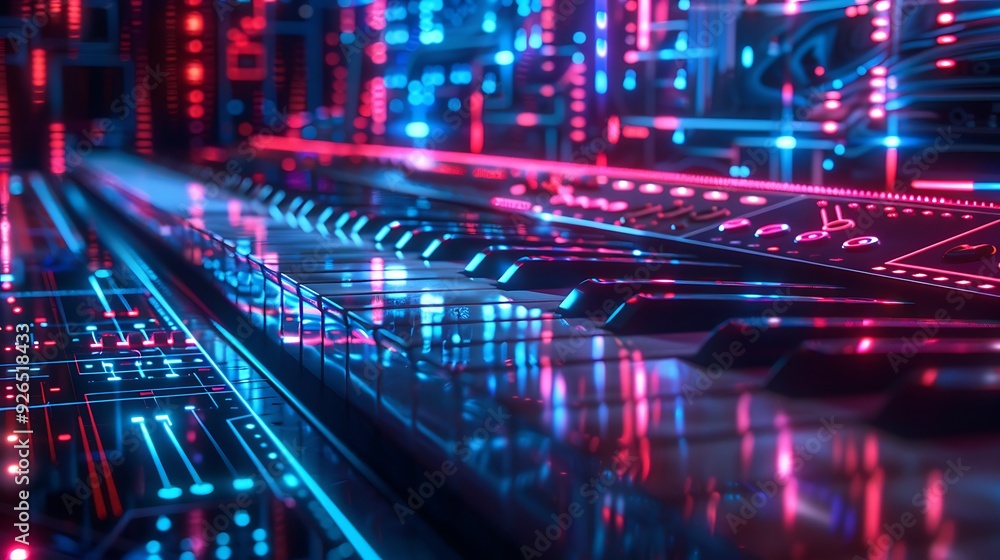AI composing a symphony in a high-tech music lab, with glowing holographic sheet music and interactive audio waveforms visualized in real-time. Created Using: advanced AI technology, AI composing a symphony in a high-tech music lab, with glowing holographic sheet music and interactive audio waveforms visualized in real-time. Created Using: advanced AI technology,