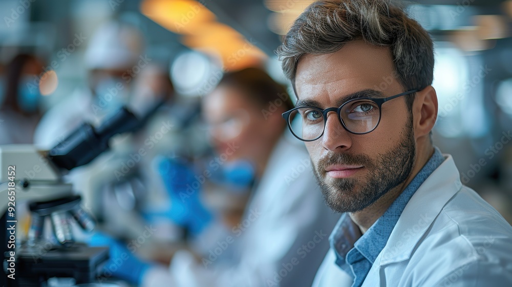 Fototapeta premium A focused scientist in a laboratory setting with colleagues working on research tasks