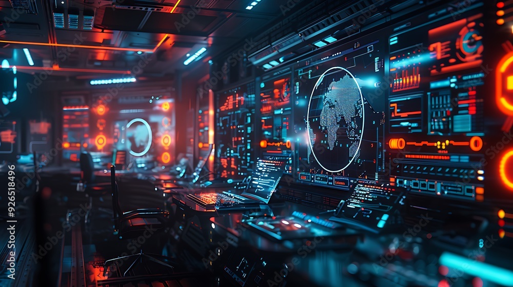 AI detecting cyber threats in a futuristic security operation room, with holographic displays showing network vulnerabilities and defense mechanisms. Created Using: realistic rendering, high detail, AI detecting cyber threats in a futuristic security operation room, with holographic displays showing network vulnerabilities and defense mechanisms. Created Using: realistic rendering, high detail,