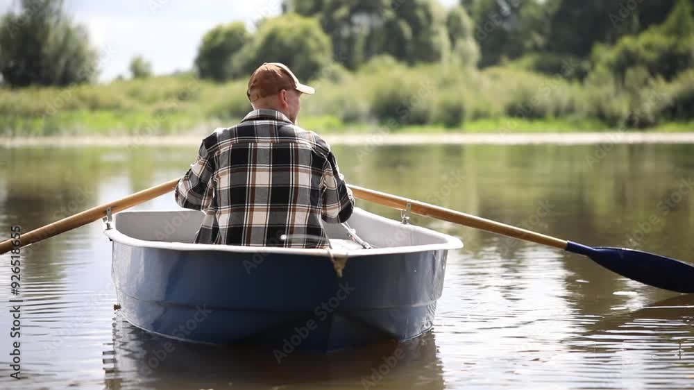 fisherman on a rowing boat, man rowing oars, men's leisure, vacations, horizontal video fisherman on a rowing boat, man rowing oars, men's leisure, vacations, horizontal video