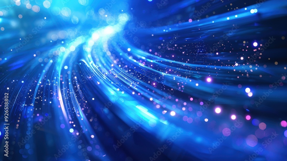 Abstract image of flowing blue light trails with sparkling dots on a dark background. Abstract image of flowing blue light trails with sparkling dots on a dark background.