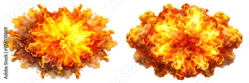 set of dynamic, fiery explosion with bright orange and yellow flames, isolated on white.AI GENERATED