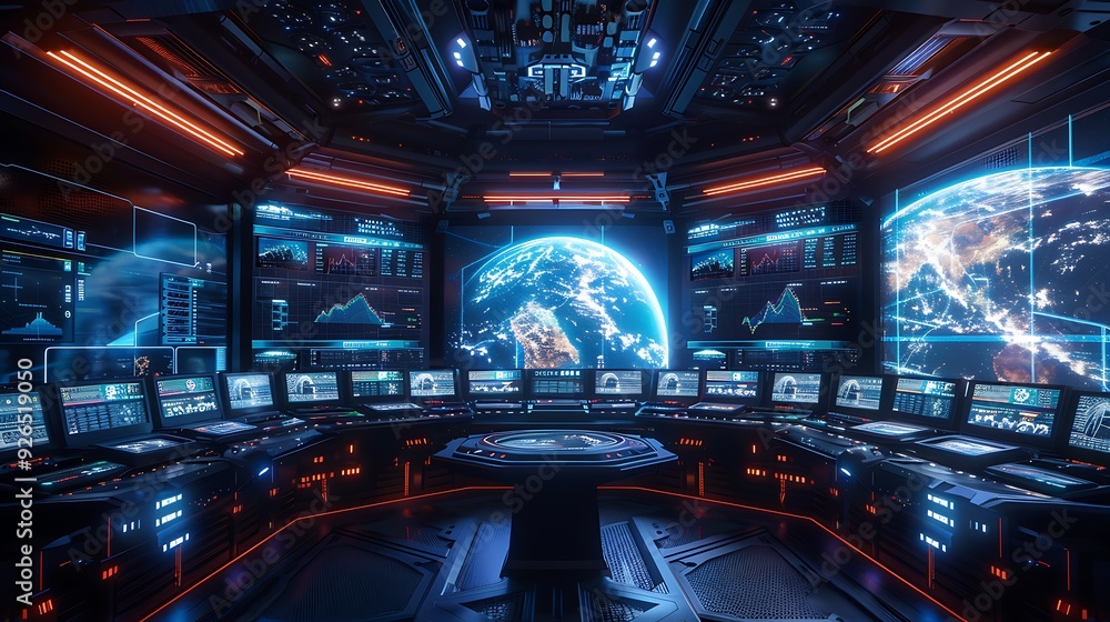 Obraz premium AI systems analyzing satellite data to track global climate patterns, visualized with interactive holographic interfaces in a high-tech command center. Created Using: advanced AI technology,