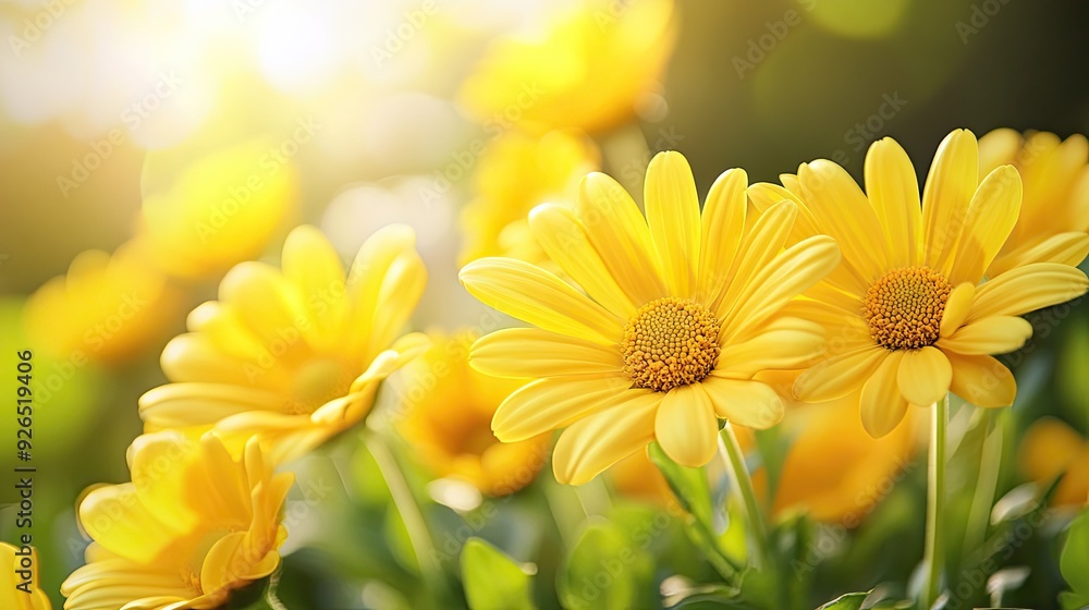 A close-up of vibrant yellow daisies basking under the midday sun, petals radiating warmth and cheerfulness. A close-up of vibrant yellow daisies basking under the midday sun, petals radiating warmth and cheerfulness.
