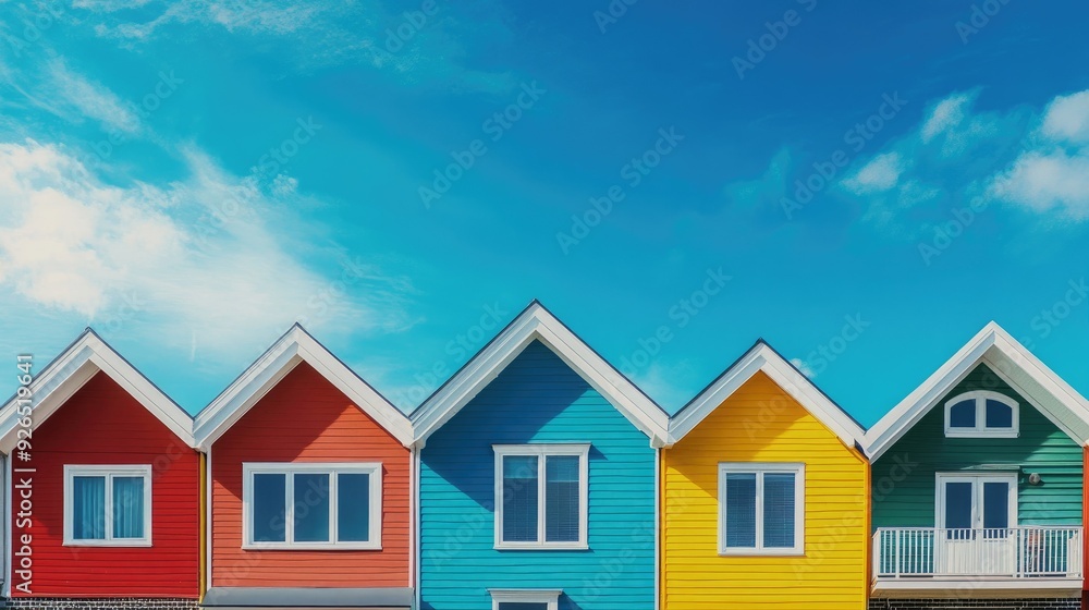 A collection of vividly painted houses set below an open blue sky, creating a lively yet uncluttered scene. A collection of vividly painted houses set below an open blue sky, creating a lively yet uncluttered scene.