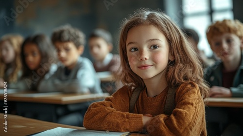 A young girl with a warm smile sits at her desk, surrounded by classmates, radiating joy and curiosity in an engaging classroom environment