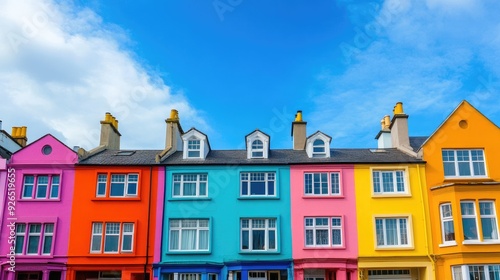 A collection of vividly painted houses set below an open blue sky, creating a lively yet uncluttered scene.