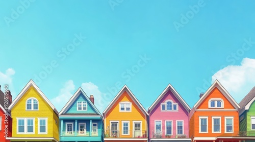 A collection of vividly painted houses set below an open blue sky, creating a lively yet uncluttered scene.