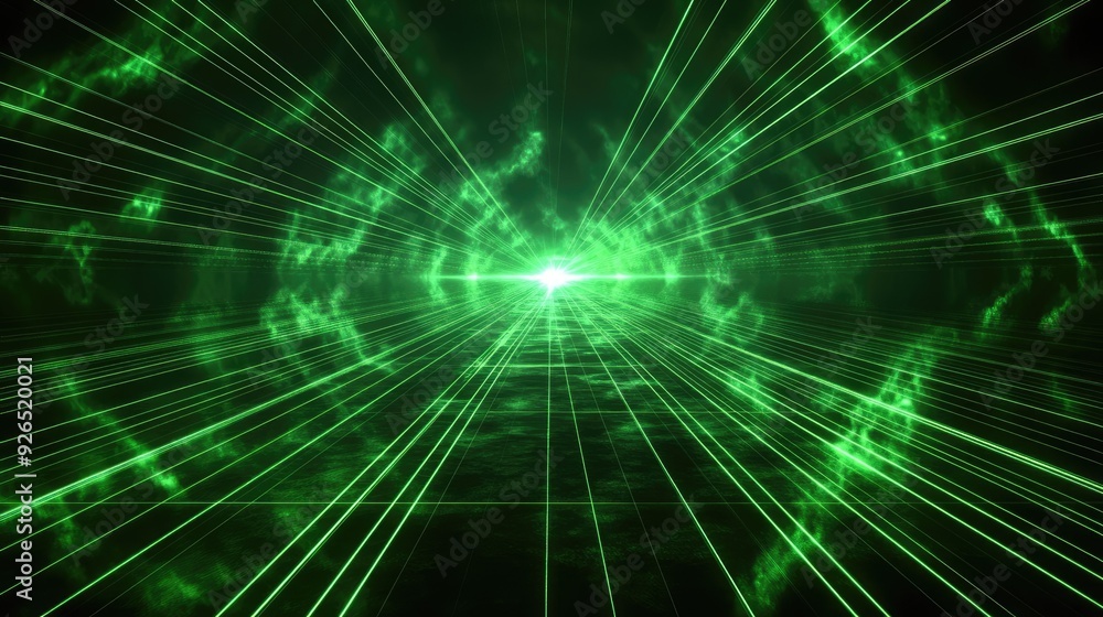 Fototapeta premium A dazzling display of green lasers cutting through the darkness, creating intricate patterns and beams of light in a vibrant, high-energy laser show.