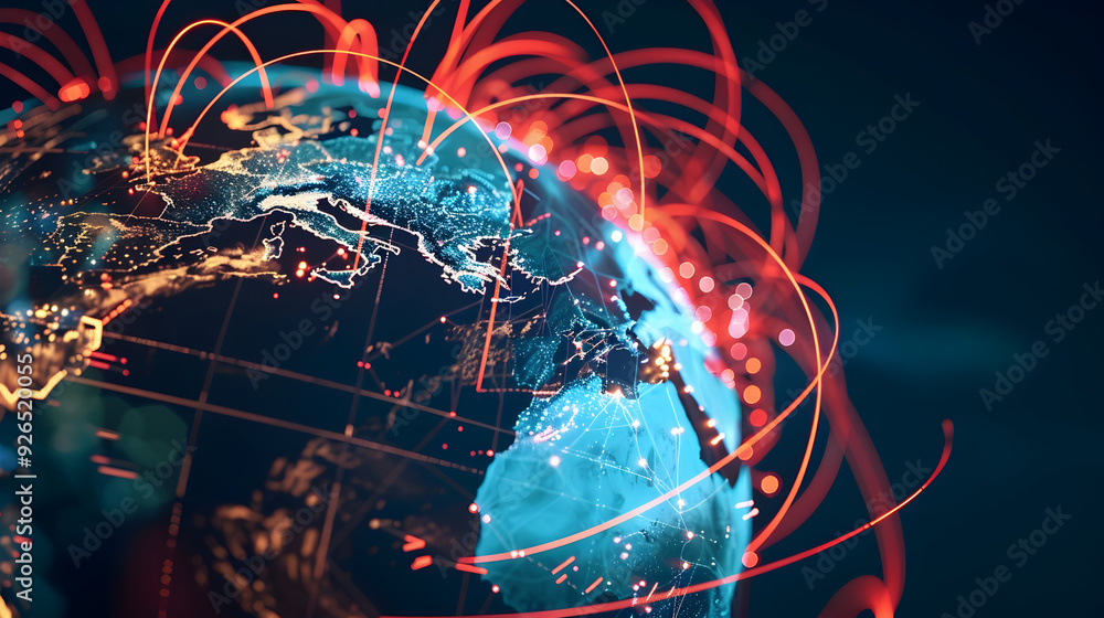 3D Illustration of Earth with Red Lines and Blue Lights 3D Illustration of Earth with Red Lines and Blue Lights