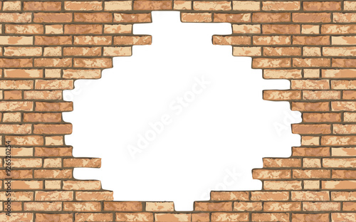 Vintage realistic broken brick wall background. Hole in flat wall texture. Yellow textured brickwork for web, design, decor, background. Vector illustration.
