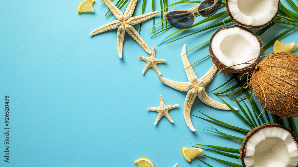 Coastal Summer Background with Starfish and Sunglasses Coastal Summer Background with Starfish and Sunglasses