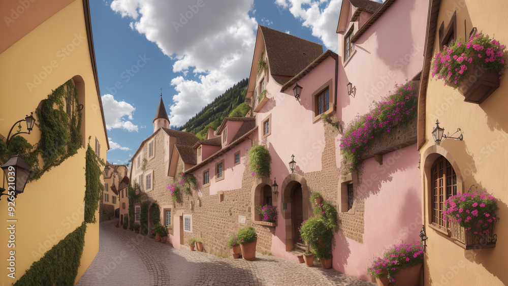 Obraz premium Riquewihr - illusion, European village, historic architecture, colorful buildings, cobblestone street, flowers, old town, charming houses, scenic street, picturesque