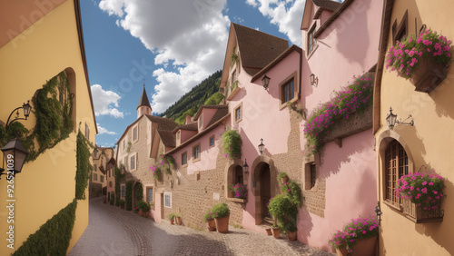 Riquewihr - illusion, European village, historic architecture, colorful buildings, cobblestone street, flowers, old town, charming houses, scenic street, picturesque