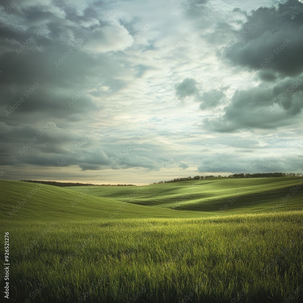A field of green grass under a cloudy sky, where the interplay of light and shadow creates a tranquil and introspective scene A field of green grass under a cloudy sky, where the interplay of light and shadow creates a tranquil and introspective scene