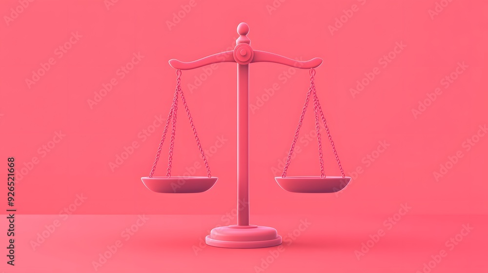 A pink scale of justice stands against a bright pink background. The scales are perfectly balanced. A pink scale of justice stands against a bright pink background. The scales are perfectly balanced.
