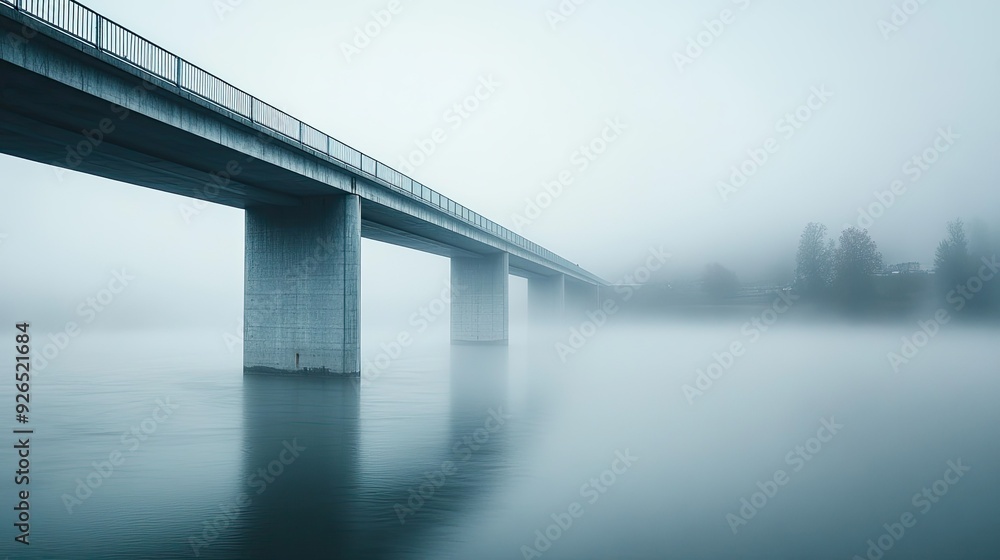A foggy view of a bridge over a river, with the mist swirling around the structure, giving the impression of a dreamlike, almost invisible crossing. A foggy view of a bridge over a river, with the mist swirling around the structure, giving the impression of a dreamlike, almost invisible crossing.