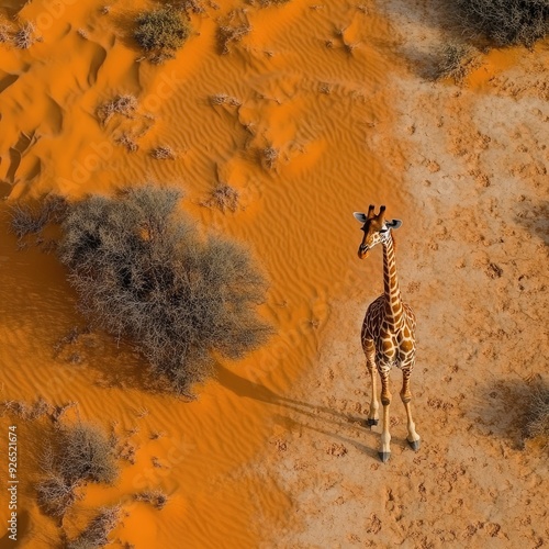 A giraffe makes its way through the Intu Kalahari Desert, captured from above in a breathtaking aerial view, Namibia photo