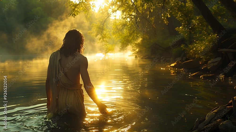 Sacred moment of John raising his hand in blessing over Jesus in a calm river, peaceful natural setting, clear water with gentle ripples, sunlight streaming through the trees, creating a holy glow, Sacred moment of John raising his hand in blessing over Jesus in a calm river, peaceful natural setting, clear water with gentle ripples, sunlight streaming through the trees, creating a holy glow,