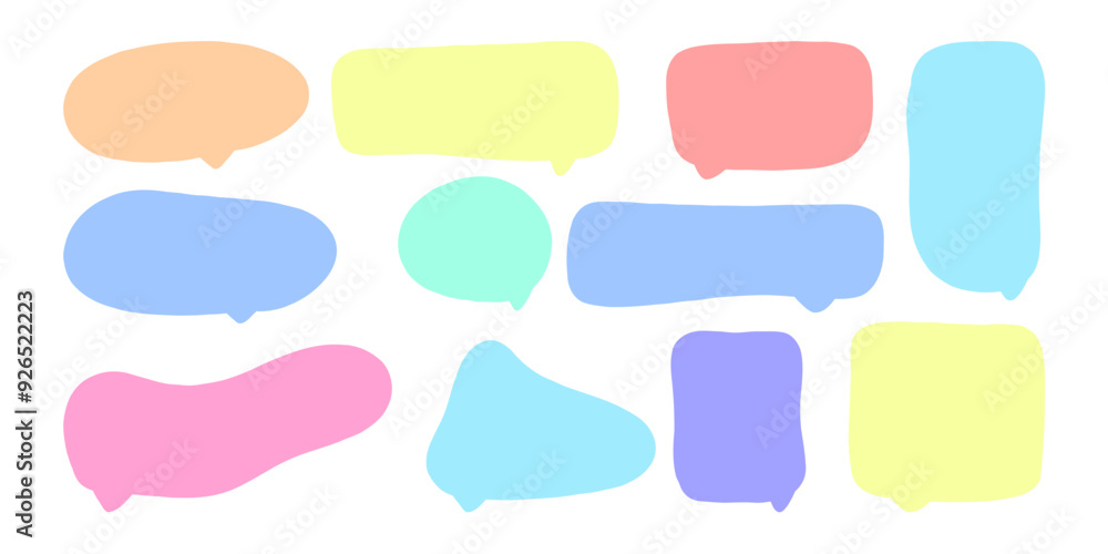 Speech bubbles in minimalistic doodle style. Set of text boxes in the cloud. Side facing text box for comments collection. Bright colored clouds for notification and text Speech bubbles in minimalistic doodle style. Set of text boxes in the cloud. Side facing text box for comments collection. Bright colored clouds for notification and text