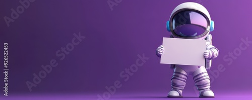 Imaginative 3D cartoon child in astronaut helmet holding blank rocket sign, deep purple backdrop