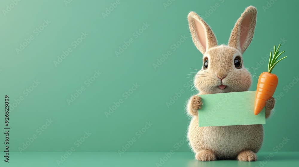 Obraz premium Bouncy 3D cartoon rabbit holding blank carrot-shaped sign, spring green backdrop