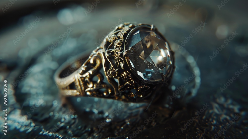 An ornate ring with a large gemstone, placed on a textured surface, exuding vintage charm. An ornate ring with a large gemstone, placed on a textured surface, exuding vintage charm.
