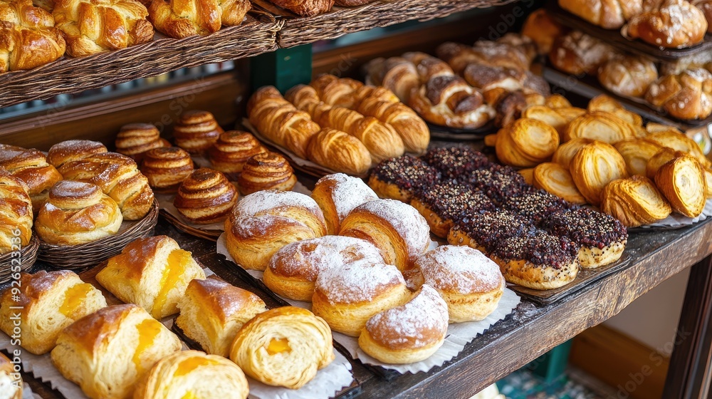 A mouth-watering array of pastries and bread on display at a bakery in Porto, Portugal, showcasing local flavors. A mouth-watering array of pastries and bread on display at a bakery in Porto, Portugal, showcasing local flavors.