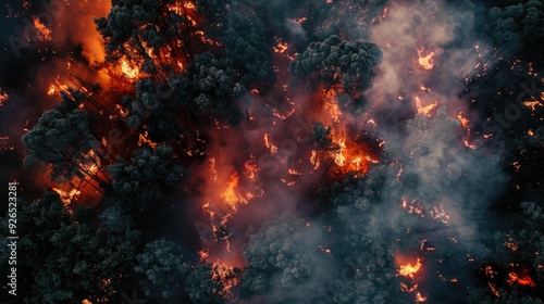 A fiery forest blaze with thick smoke and bright flames, showcasing the destructive force of wildfires.