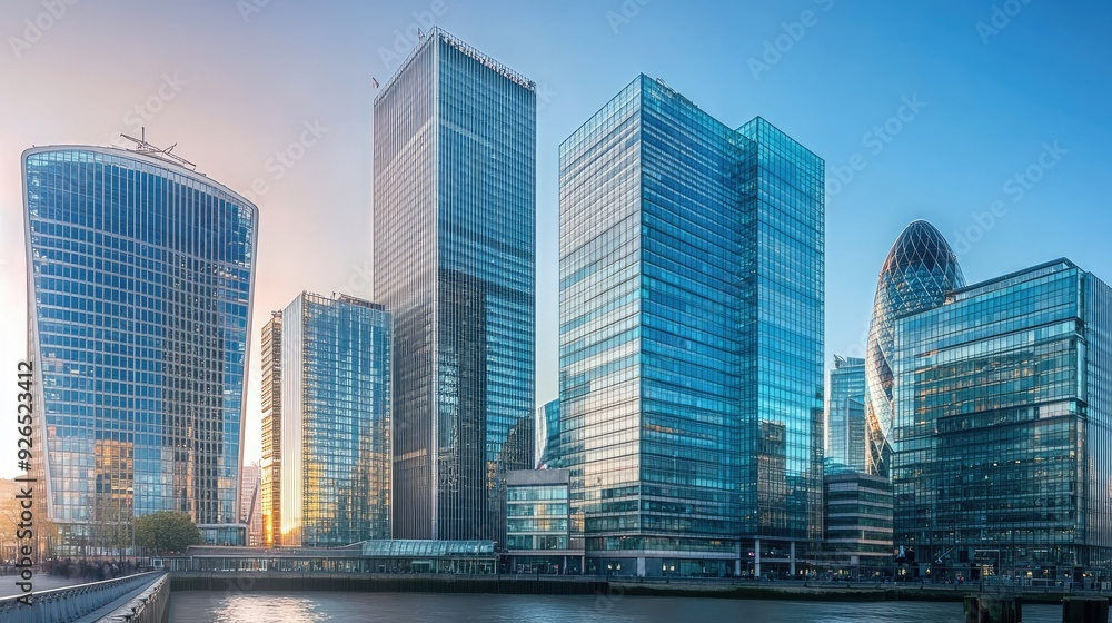 A panoramic view of Canary Wharf, London financial district, with a mix of glass and steel buildings.
