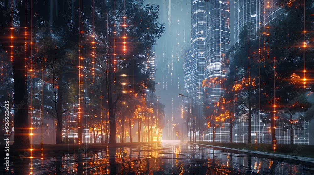 Fototapeta premium AI-powered environmental sensors placed throughout a city, collecting data to predict and mitigate climate impacts, visualized with holographic data streams. Created Using: advanced AI technology,