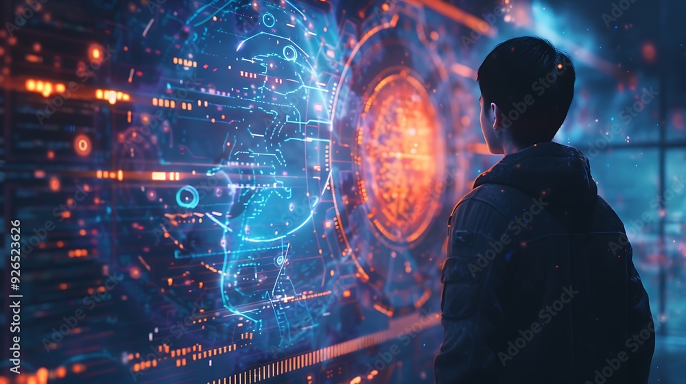 Fototapeta premium An AI tutor guiding a student through personalized learning modules on a holographic screen, set in a futuristic virtual classroom with dynamic lighting.
