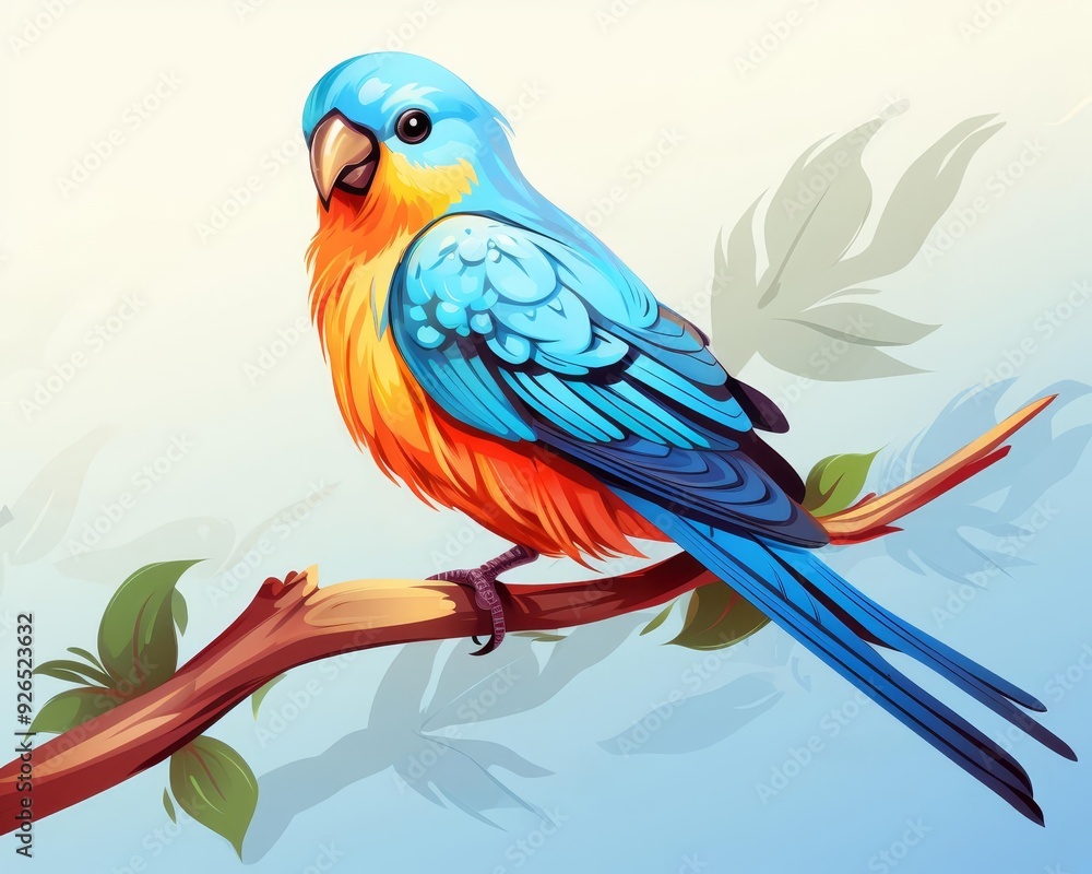 Fototapeta premium A parakeet chirping melodiously flat design side view aviary theme cartoon drawing vivid