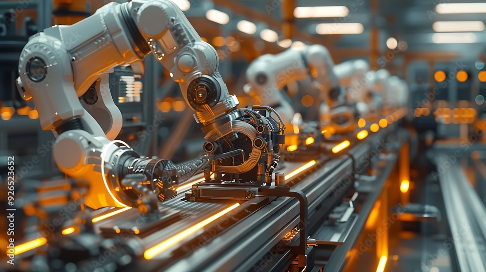 An AI-controlled production line with robots assembling intricate components, monitored by advanced quality control systems in a high-tech facility. Created Using: advanced robotics, An AI-controlled production line with robots assembling intricate components, monitored by advanced quality control systems in a high-tech facility. Created Using: advanced robotics,