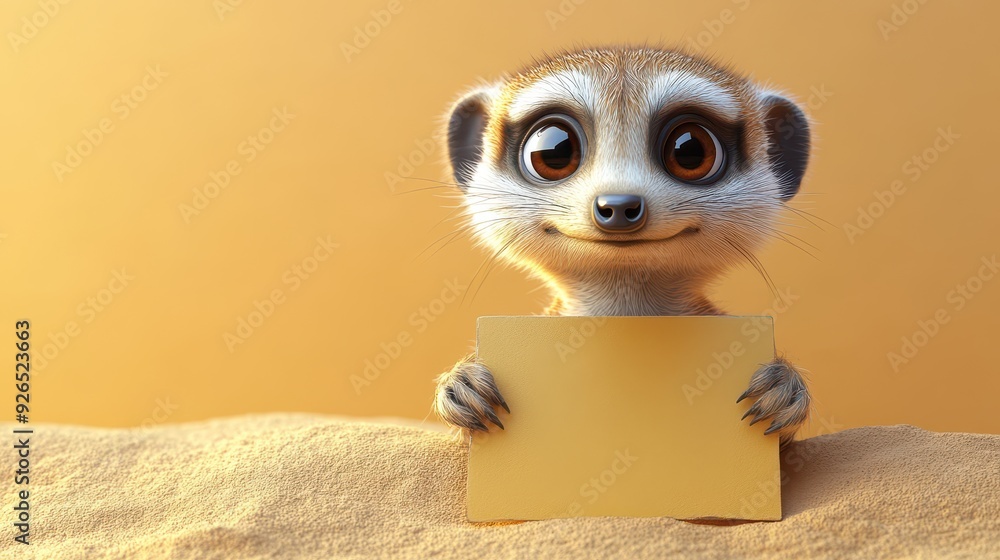 Fototapeta premium Curious 3D cartoon meerkat with blank periscope-shaped sign, desert tan backdrop