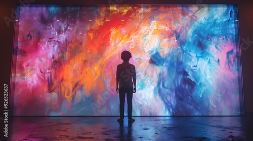 An AI artist creating a digital masterpiece on a large holographic canvas, set in a futuristic studio with vibrant colors and dynamic lighting. Created Using: advanced AI technology,