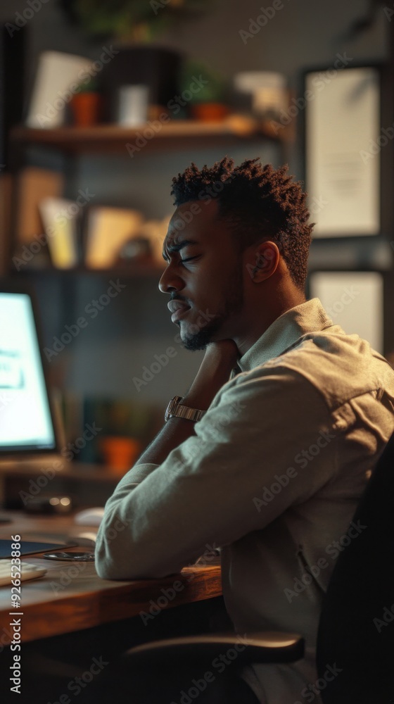 Obraz premium Stressed Professional Experiencing Neck Pain While Working Late in a Home Office Environment
