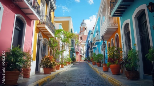 A picturesque street in Old San Juan, with colorful facades of colonial-era buildings and a lively, welcoming atmosphere that invites exploration.
