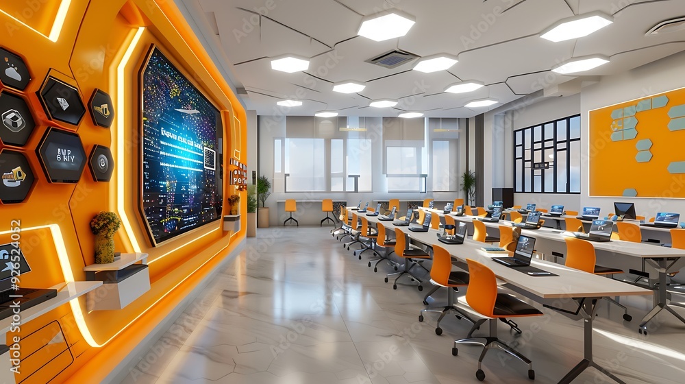 Fototapeta premium An AI-driven virtual classroom with students learning through interactive holographic displays, showcasing personalized lesson plans and real-time feedback. Created Using: futuristic classroom design,