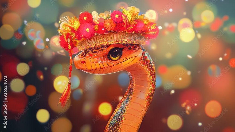 Snake in a celebration hat, joyfully welcoming the Chinese New Year, with a bright and positive vibe Snake in a celebration hat, joyfully welcoming the Chinese New Year, with a bright and positive vibe