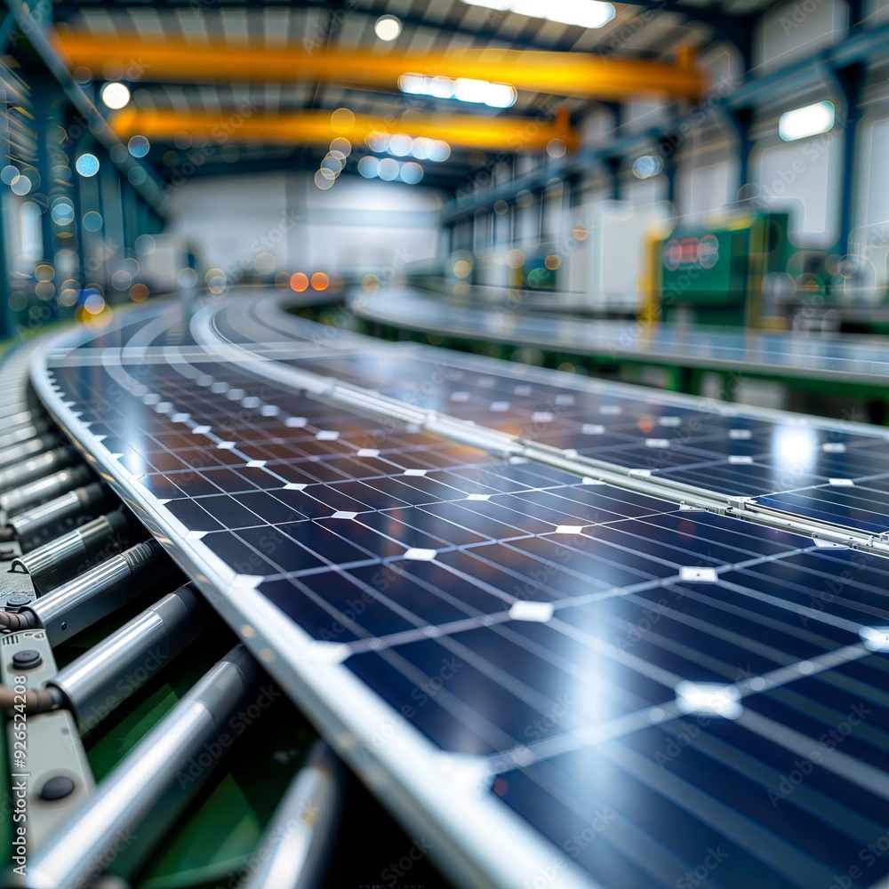 Solar Panel Production. Curved solar panel on manufacturing line in modern factory, showcasing automated production of renewable energy technology. Solar Panel Production. Curved solar panel on manufacturing line in modern factory, showcasing automated production of renewable energy technology.