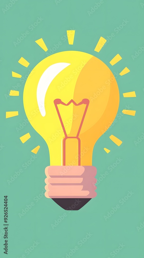 A yellow light bulb with a light green background and radiating rays of light. A yellow light bulb with a light green background and radiating rays of light.